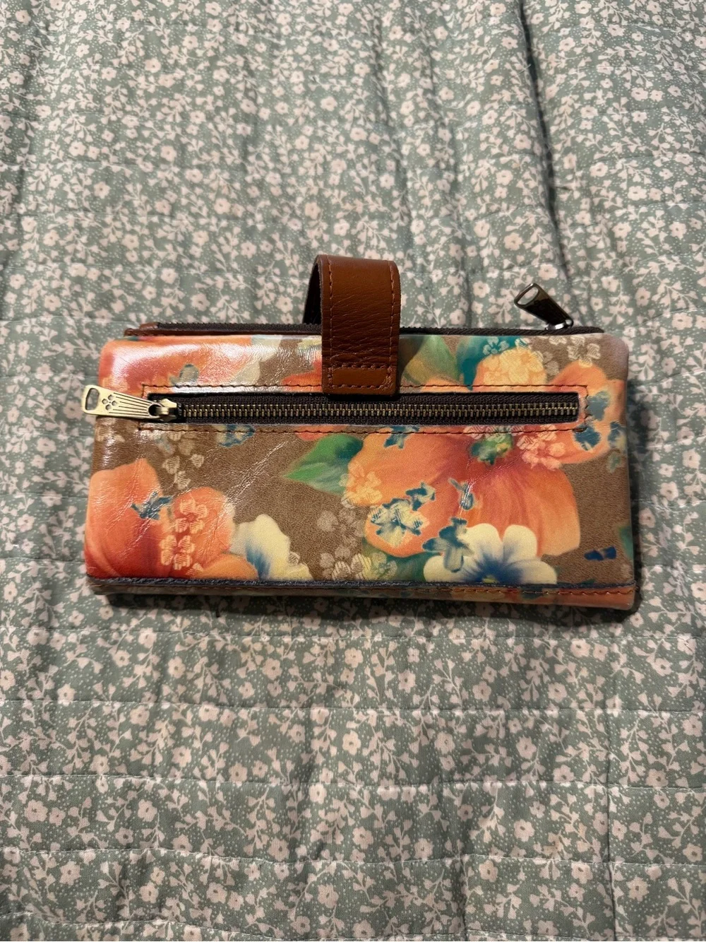 Patricia Nash Floral Leather Fold-Over Wallet in Brown, Orange and Cream